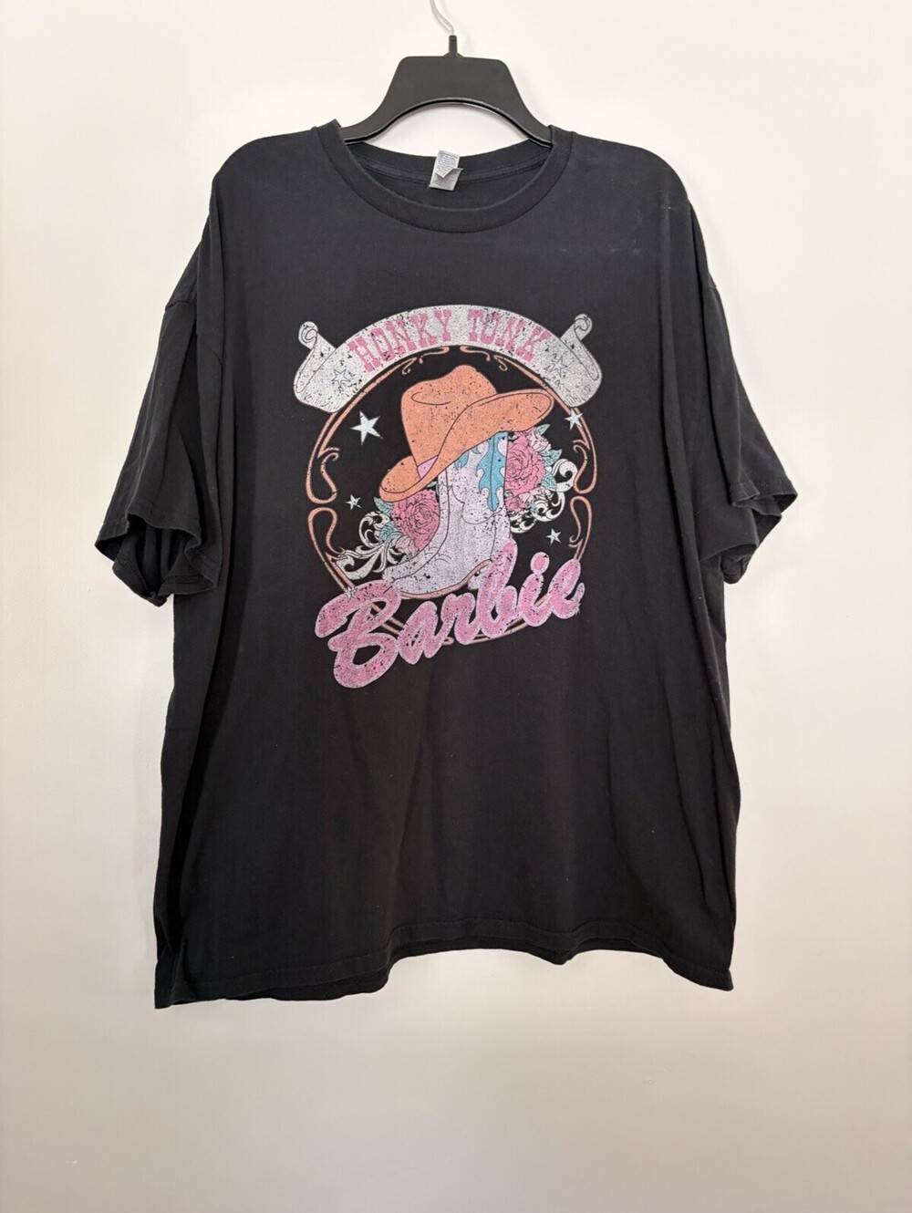 Honky Tonk Barbie 2XL Black Tee Gildan Cotton with Boots and Pink Floral  Shirt